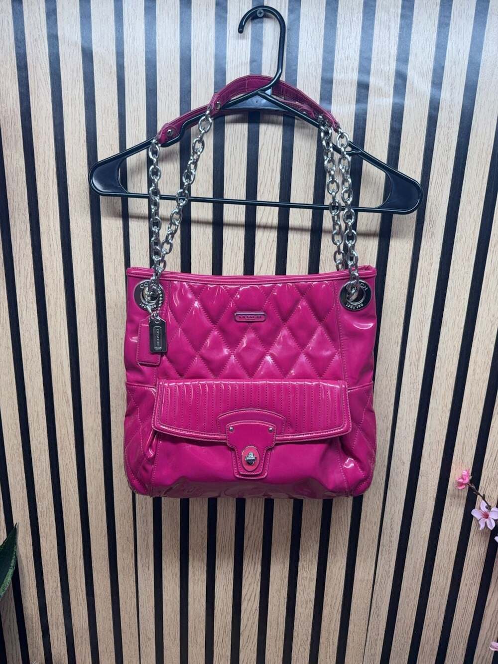 Coach Quilted Patent Leather Chain Shoulder Bag Pink